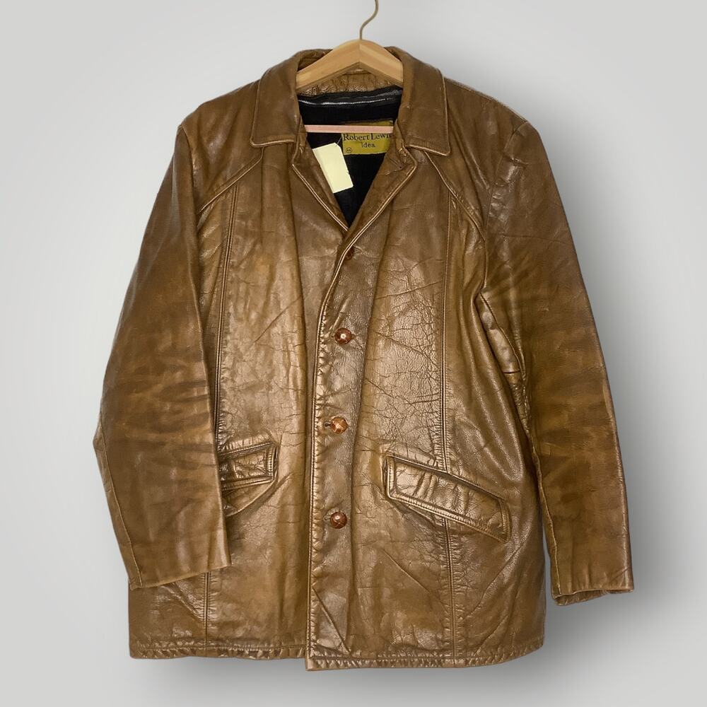 Vintage Robert Louis Leather Overcoat Removable Fleece Lining Men's XL Brown